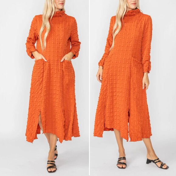 IC Collection Mock Neck Midi Dress Size XS Brick Slits Pockets Lagenlook NEW - Picture 3 of 10